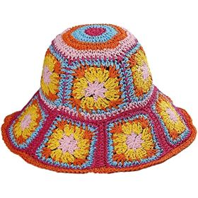 Women's Straw Sun Hat Floral Woven Bucket Hat Fishing Hat Beach Hat Hand Woven Foldable Cap (Color: Bucket Yellow)